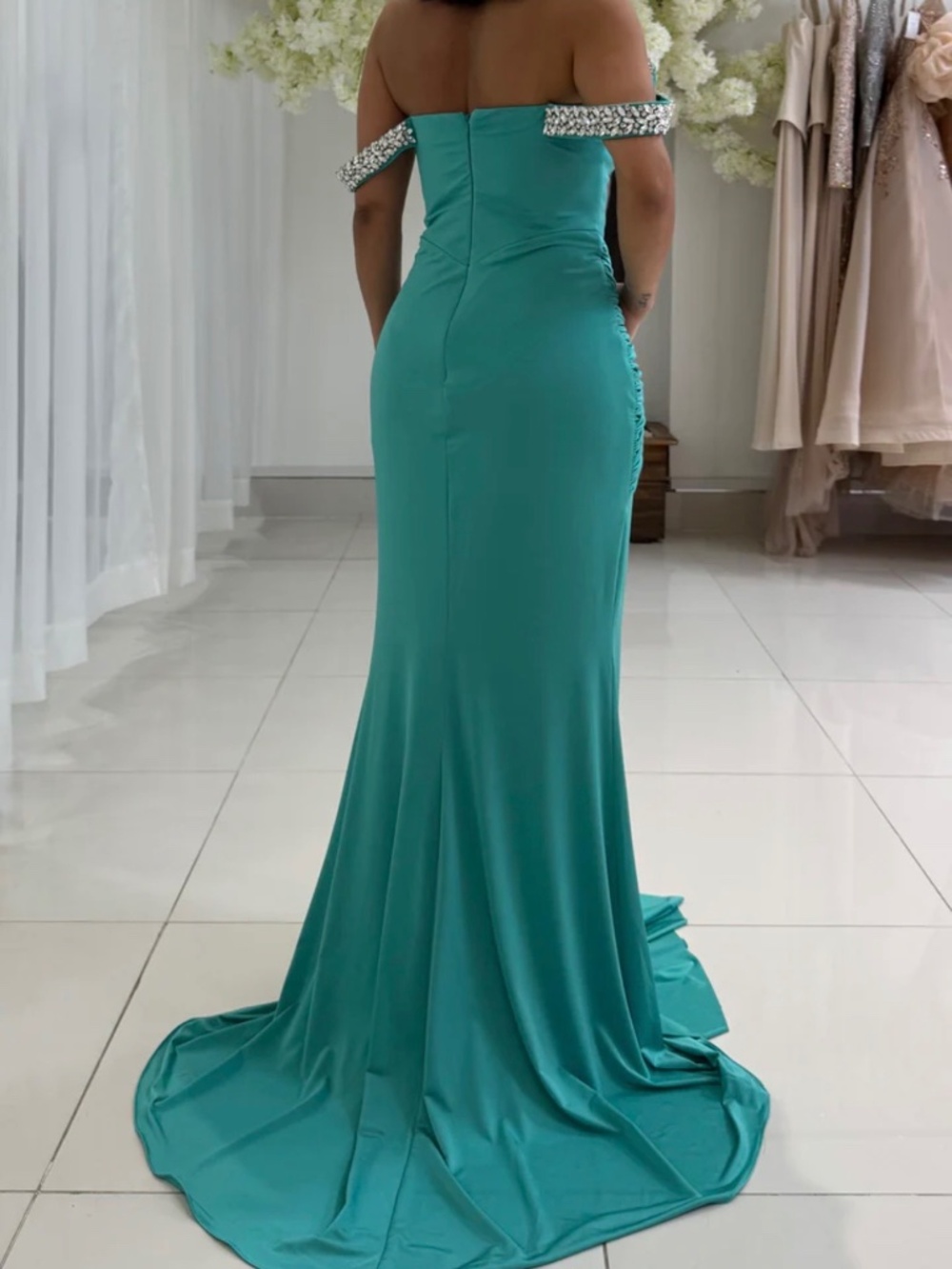 NWT Rhinestone Off Shoulder Teal Prom Dress - Picture 3 of 3